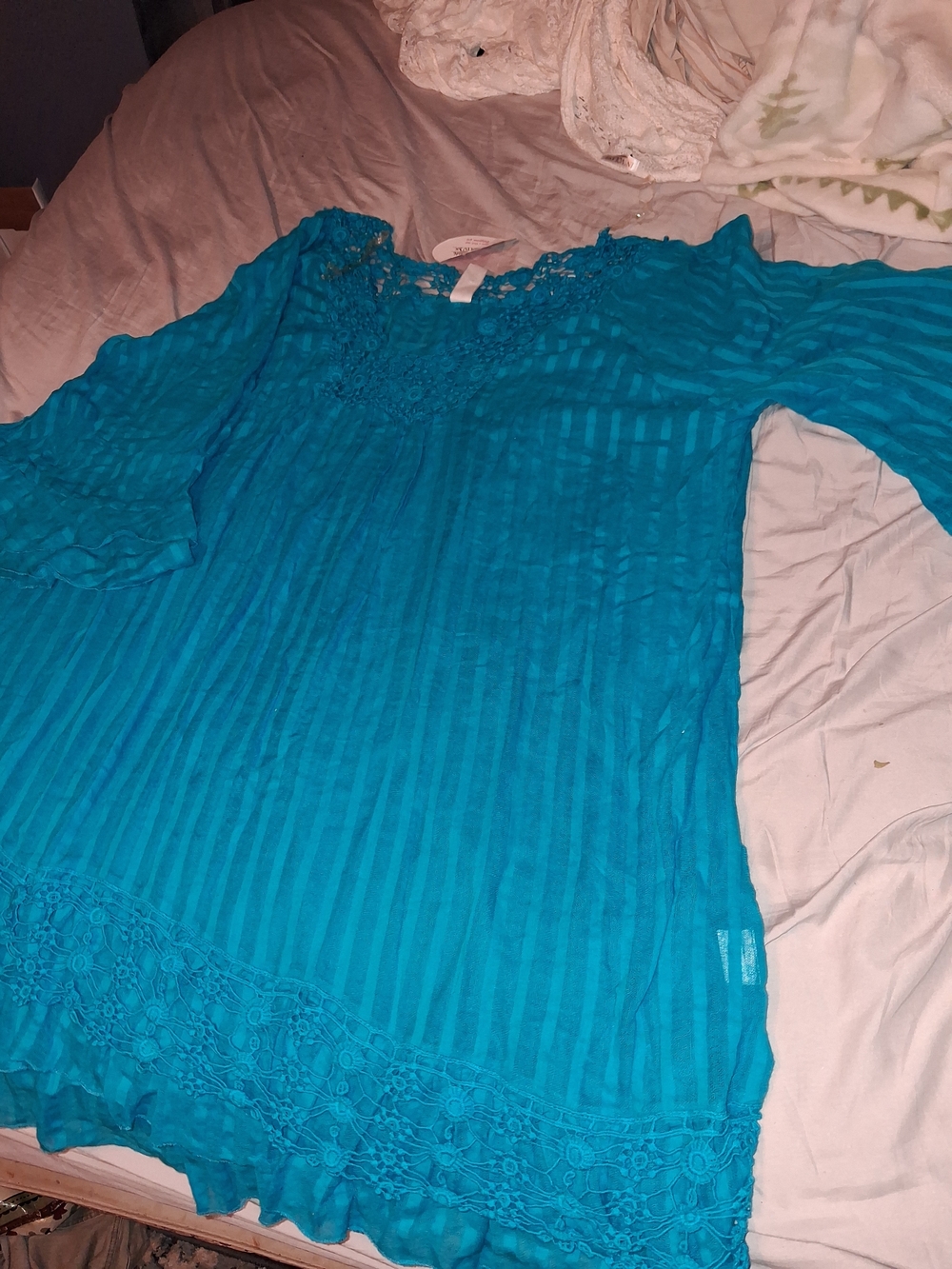 Women's Teal Crochet-Trim Pleated Tunic Blouse